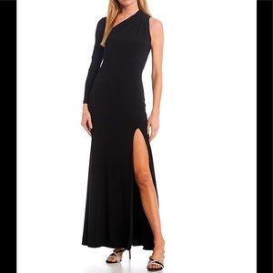 Long sleeve asymmetrical neck high slit stretch gown